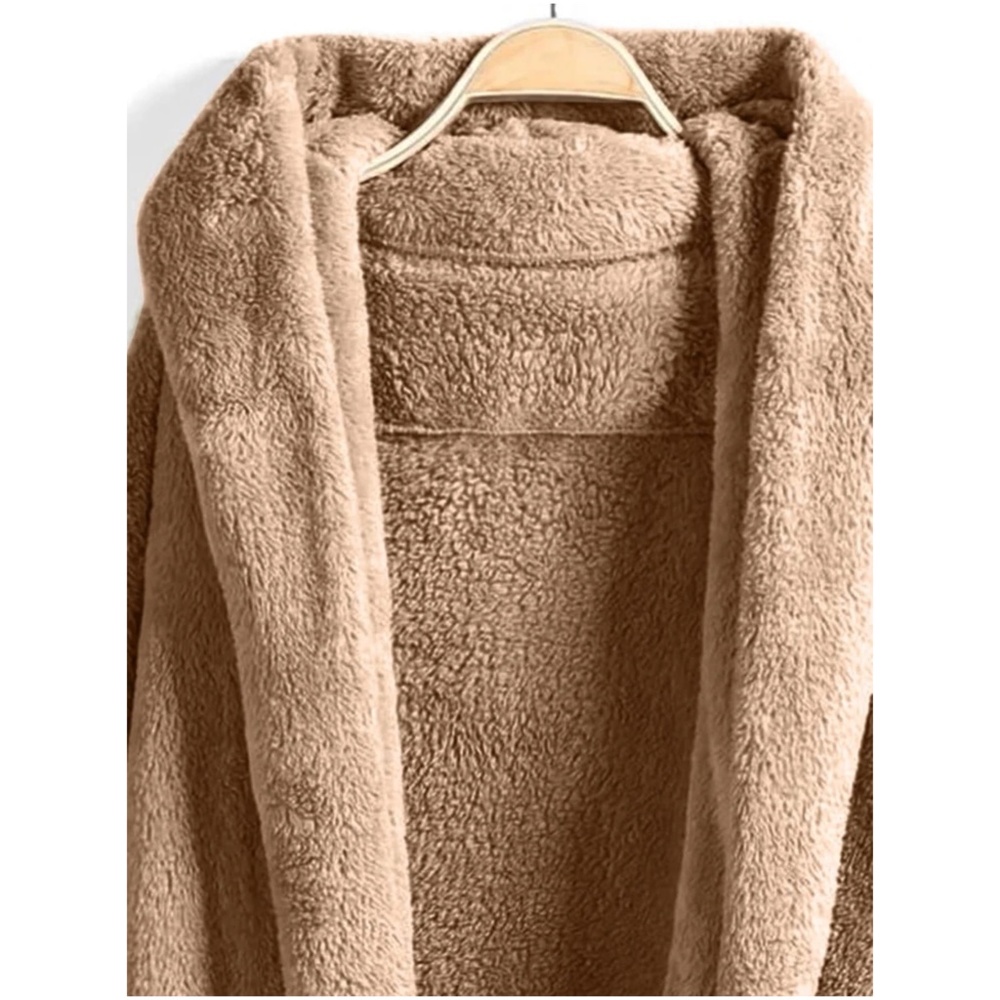 Cozy Tan Teddy Open Front Hoodie Jacket Coat - Picture 3 of 4